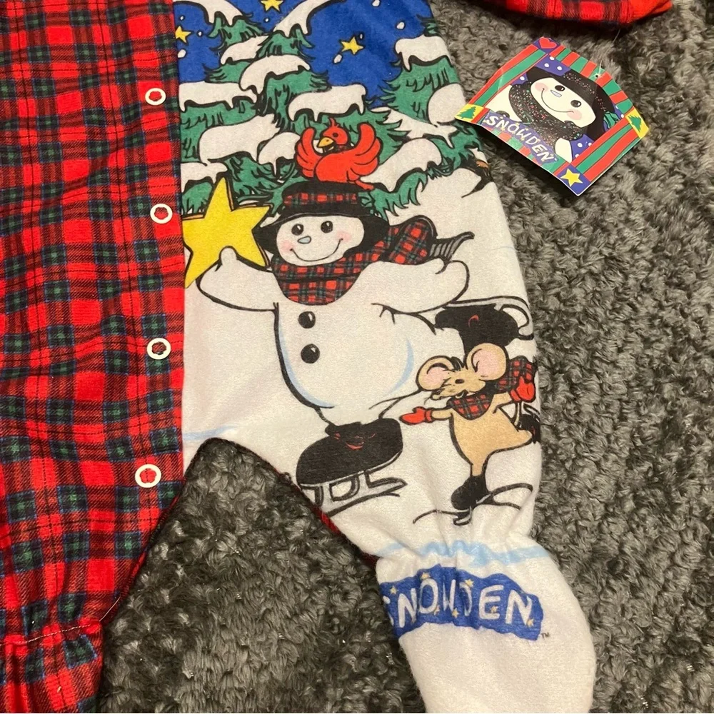 VTG 90s Snowden the Snowman footed  one-piece red plaid (tartan) sleeper 3m‎ NWT